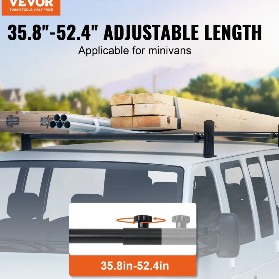 VEVOR Van Roof Ladder Rack, 2 Bars Alloy Steel Roof Racks, 500 LBS Capacity Roof Rack, Adjustable Length 35.8"-52.4", Van Ladder Rack Compatible with Chevrolet Express, GMC Savana, etc, Drilling Mount