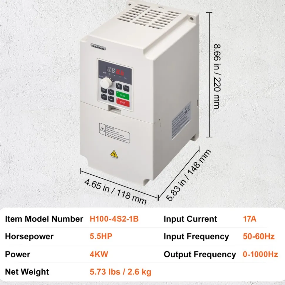VEVOR Variable Frequency Drive, AC 220V Input 4KW Variable Frequency CNC Drive Inverter Converter, VFD 5.5HP 1 or 3 Phase Input, 3 Phase Output, CNC Motor Inverter Converter for Motor Speed Control