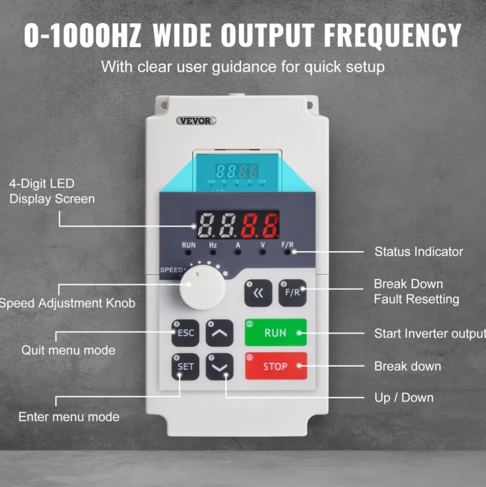 VEVOR Variable Frequency Drive, AC 220V Input 4KW Variable Frequency CNC Drive Inverter Converter, VFD 5.5HP 1 or 3 Phase Input, 3 Phase Output, CNC Motor Inverter Converter for Motor Speed Control