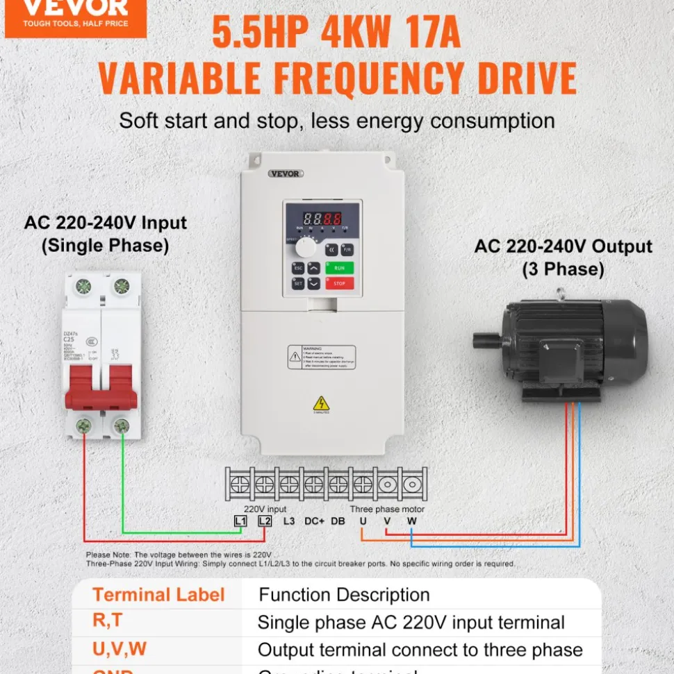 VEVOR Variable Frequency Drive, AC 220V Input 4KW Variable Frequency CNC Drive Inverter Converter, VFD 5.5HP 1 or 3 Phase Input, 3 Phase Output, CNC Motor Inverter Converter for Motor Speed Control