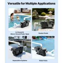VEVOR Variable Speed Pool Pump, 1.5 HP, AC 220-240V, 115 GPM, In/Above Swimming Pool Pump with Filter Basket, Powerful Self Priming, Programmable Timer, for Inground and Above Ground Swimming Pool