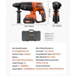 VEVOR 20V Brushless Cordless Hammer Drill, Lithium-Ion 1.1 Inch Rotary Hammer Driver, SDS-Plus Electric Lightweight Power Tool Kit with Battery and Charger, 4 Functions, 1200 RPM, 5300 BPM