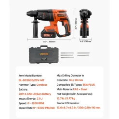 VEVOR 20V Brushless Cordless Hammer Drill, Lithium-Ion 1 Inch Rotary Hammer Driver, SDS-Plus Electric Lightweight Power Tool Kit with Battery and Charger, 4 Functions, 1200 RPM, 5300 BPM