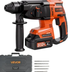 VEVOR 20V Brushless Cordless Hammer Drill, Lithium-Ion 1 Inch Rotary Hammer Driver, SDS-Plus Electric Lightweight Power Tool Kit with Battery and Charger, 4 Functions, 1200 RPM, 5300 BPM