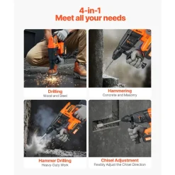 VEVOR 20V Brushless Cordless Hammer Drill, Lithium-Ion 1 Inch Rotary Hammer Driver, SDS-Plus Electric Lightweight Power Tool Kit with Battery and Charger, 4 Functions, 1200 RPM, 5300 BPM