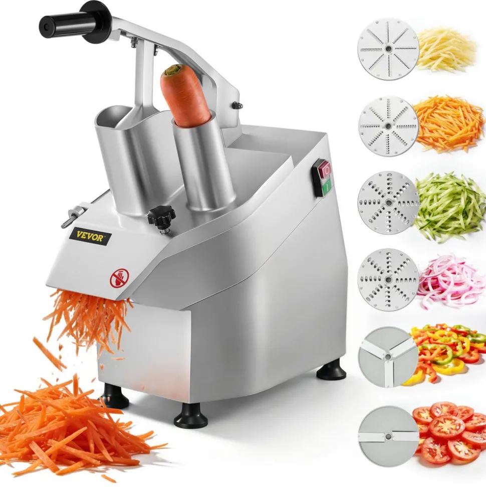 VEVOR 110V Commercial Food Processor 2 Feeding Holes, 550W Electric Vegetable Slicer 1600 RPM, Stainless Steel Vegetable Processor Detachable 6-blades, 3mm/4mm/7mm Shred, 2mm/4mm Slice