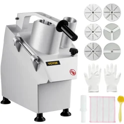 VEVOR 110V Commercial Food Processor 2 Feeding Holes, 550W Electric Vegetable Slicer 1600 RPM, Stainless Steel Vegetable Processor Detachable 6-blades, 3mm/4mm/7mm Shred, 2mm/4mm Slice