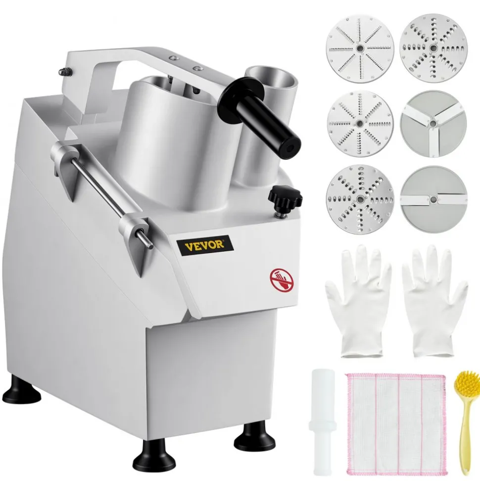VEVOR 110V Commercial Food Processor 2 Feeding Holes, 550W Electric Vegetable Slicer 1600 RPM, Stainless Steel Vegetable Processor Detachable 6-blades, 3mm/4mm/7mm Shred, 2mm/4mm Slice