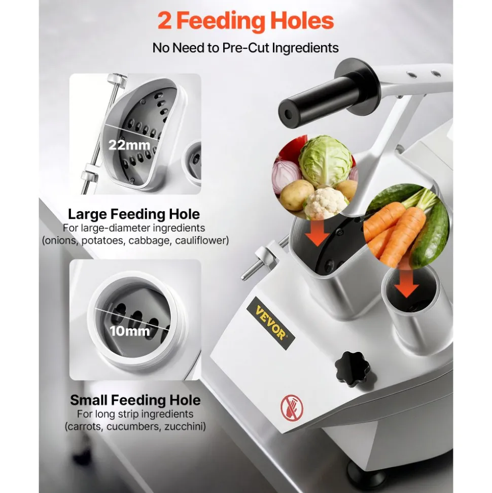 VEVOR 110V Commercial Food Processor 2 Feeding Holes, 550W Electric Vegetable Slicer 1600 RPM, Stainless Steel Vegetable Processor Detachable 6-blades, 3mm/4mm/7mm Shred, 2mm/4mm Slice