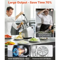 VEVOR 110V Commercial Food Processor 2 Feeding Holes, 550W Electric Vegetable Slicer 1600 RPM, Stainless Steel Vegetable Processor Detachable 6-blades, 3mm/4mm/7mm Shred, 2mm/4mm Slice
