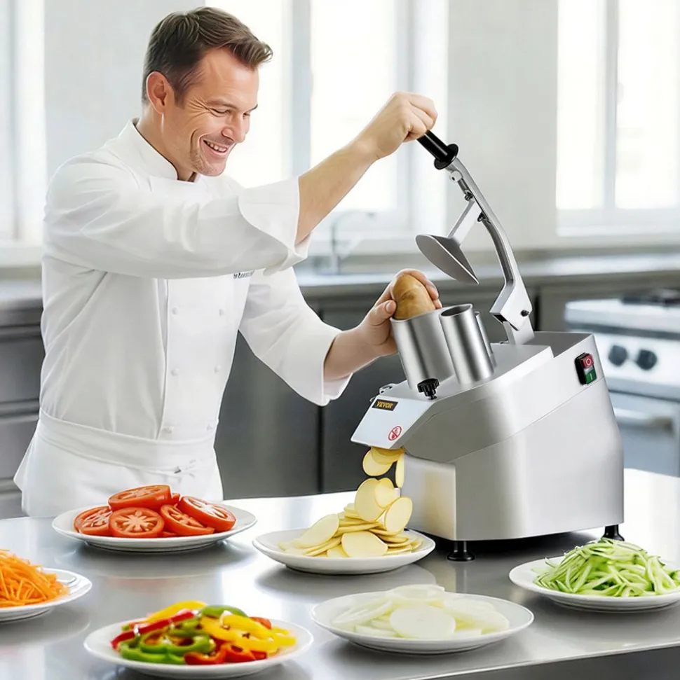 VEVOR 110V Commercial Food Processor 2 Feeding Holes, 550W Electric Vegetable Slicer 1600 RPM, Stainless Steel Vegetable Processor Detachable 6-blades, 3mm/4mm/7mm Shred, 2mm/4mm Slice