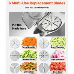 VEVOR 110V Commercial Food Processor 2 Feeding Holes, 550W Electric Vegetable Slicer 1600 RPM, Stainless Steel Vegetable Processor Detachable 6-blades, 3mm/4mm/7mm Shred, 2mm/4mm Slice