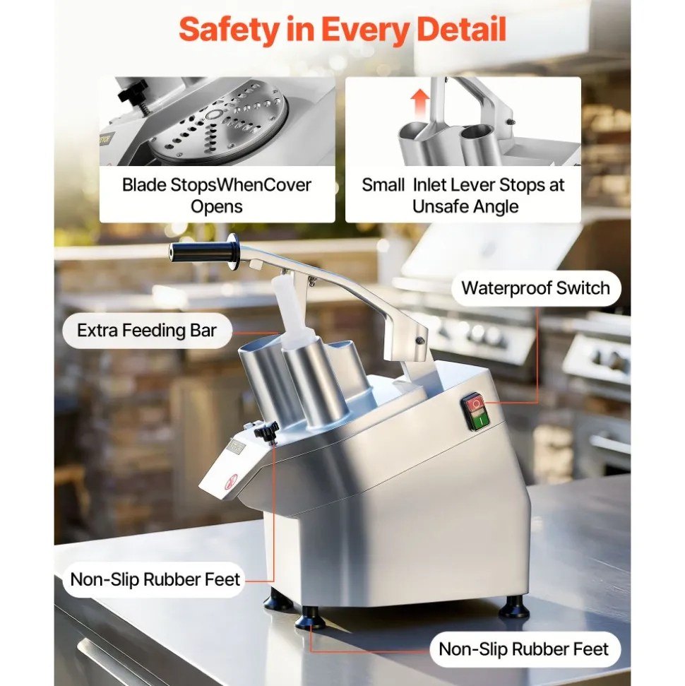 VEVOR 110V Commercial Food Processor 2 Feeding Holes, 550W Electric Vegetable Slicer 1600 RPM, Stainless Steel Vegetable Processor Detachable 6-blades, 3mm/4mm/7mm Shred, 2mm/4mm Slice