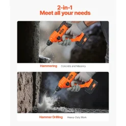 VEVOR 20V Cordless Hammer Drill, Lithium-Ion 0.6 Inch Rotary Hammer Driver, SDS-Plus Electric Lightweight Power Tool Kit with Battery and Charger, 2 Functions, 1000 RPM, 5100 BPM