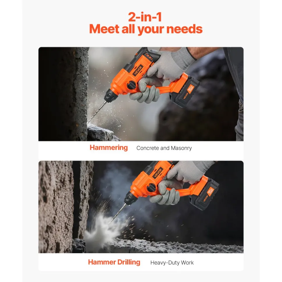 VEVOR 20V Cordless Hammer Drill, Lithium-Ion 0.6 Inch Rotary Hammer Driver, SDS-Plus Electric Lightweight Power Tool Kit with Battery and Charger, 2 Functions, 1000 RPM, 5100 BPM