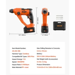 VEVOR 20V Cordless Hammer Drill, Lithium-Ion 0.6 Inch Rotary Hammer Driver, SDS-Plus Electric Lightweight Power Tool Kit with Battery and Charger, 2 Functions, 1000 RPM, 5100 BPM