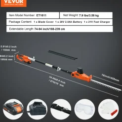 VEVOR 20V Cordless Hedge Trimmer, 18 inch Double-edged Steel Blade, Pole Hedge Trimmer Kit 20V Battery, Fast Charger Included, 74"-94" Telescoping Design for High Branches