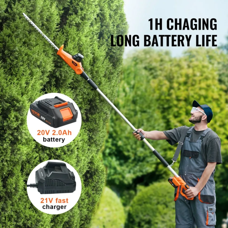 VEVOR 20V Cordless Hedge Trimmer, 18 inch Double-edged Steel Blade, Pole Hedge Trimmer Kit 20V Battery, Fast Charger Included, 74"-94" Telescoping Design for High Branches