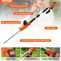 VEVOR 20V Cordless Hedge Trimmer, 18 inch Double-edged Steel Blade, Pole Hedge Trimmer Kit 20V Battery, Fast Charger Included, 74