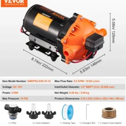 VEVOR 12V Diaphragm Pump, 5 GPM (18.93 L/min), 5-Chamber 12V DC Water Pump with Automatic Pressure Switch 40-100 PSI Adjustable, 1/2'' MNPT Port, for Agricultural Irrigation Construction Site Drainage
