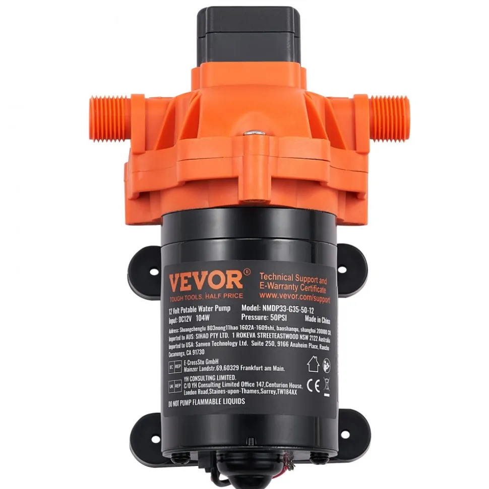 VEVOR 12V Diaphragm Pump, 3.5 GPM (13.25 L/min), 3-Chamber 12 Volt DC Water Pump with Automatic Pressure Switch 40-100 PSI Adjustable, 50 PSI, 1/2'' MNPT Port, for RV Yacht Food Truck Camper Marine