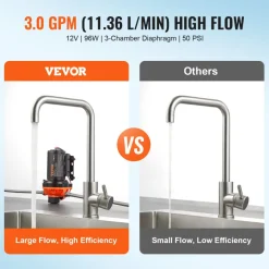 VEVOR 12V Diaphragm Pump, 3 GPM (11.36 L/min), 3-Chamber 12 Volt DC Water Pump with Automatic Pressure Switch 40-100 PSI Adjustable, 50 PSI, 1/2'' MNPT Port, for RV Yacht Food Truck Camper Marine