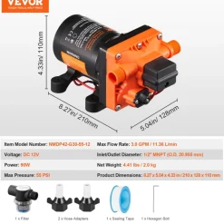 VEVOR 12V Diaphragm Pump, 3 GPM (11.36 L/min), 4-Chamber 12 Volt DC Water Pump with Automatic Pressure Switch 40-100 PSI Adjustable, 55 PSI, 1/2'' MNPT Port, for RV Yacht Food Truck Camper Marine