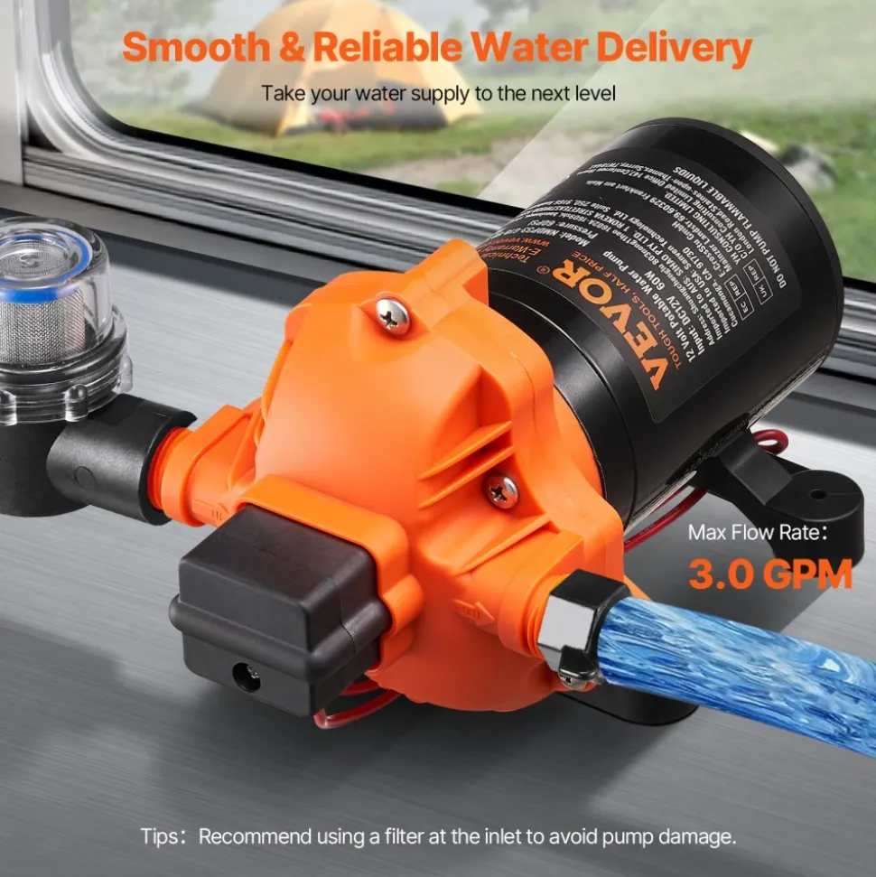 VEVOR 12V Diaphragm Pump, 3 GPM (11.36 L/min), 4-Chamber 12 Volt DC Water Pump with Automatic Pressure Switch 40-100 PSI Adjustable, 55 PSI, 1/2'' MNPT Port, for RV Yacht Food Truck Camper Marine