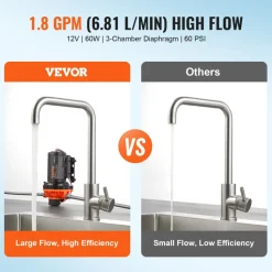 VEVOR 12V Diaphragm Pump, 1.8 GPM (6.81 L/min), 3-Chamber 12 Volt DC Water Pump with Automatic Pressure Switch 40-100 PSI Adjustable, 60 PSI, 1/2'' MNPT Port, for RV Yacht Food Truck Camper Marine
