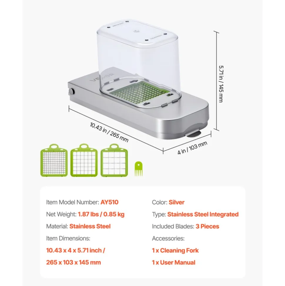 VEVOR Vegetable Chopper, Food Veggie Cutter with 3 Stainless Steel Blades, Onion Slicer with Container, Salad Potato Dicer Kitchen Gadgets & Essentials Home Appliances Tools for Easy DIY, Silver