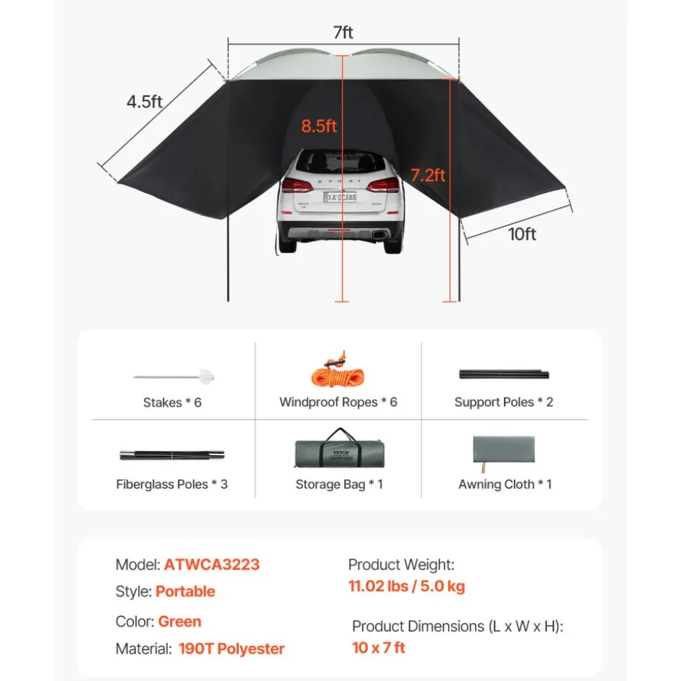 VEVOR Vehicle Awning, Large 10' x 7' Shade Coverage Car Side Awning, PU2000mm UV50+ Car Awning with Extended Side Canopies and Portable Storage Bag, Suitable for Truck, SUV, Van, Campers