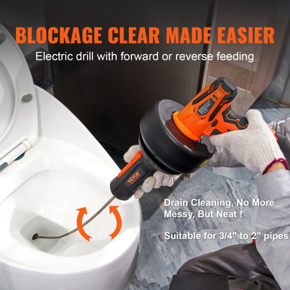 VEVOR 12V Electric Drain Auger, 25FT Cordless Plumbing Snake Auto Feed, Pipeline Snake Drain Clog Remover with Power Drill for 3/4"-2" Pipes, 2.0Ah Battery and Charger Included