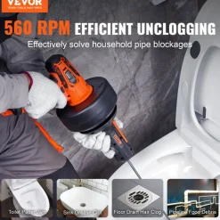 VEVOR 12V Electric Drain Auger, 25FT Cordless Plumbing Snake Auto Feed, Pipeline Snake Drain Clog Remover with Power Drill for 3/4