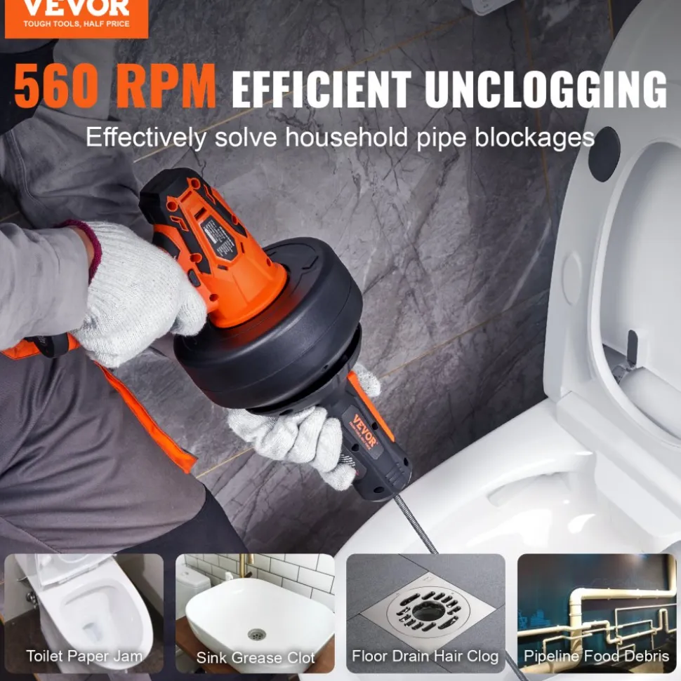 VEVOR 12V Electric Drain Auger, 25FT Cordless Plumbing Snake Auto Feed, Pipeline Snake Drain Clog Remover with Power Drill for 3/4"-2" Pipes, 2.0Ah Battery and Charger Included