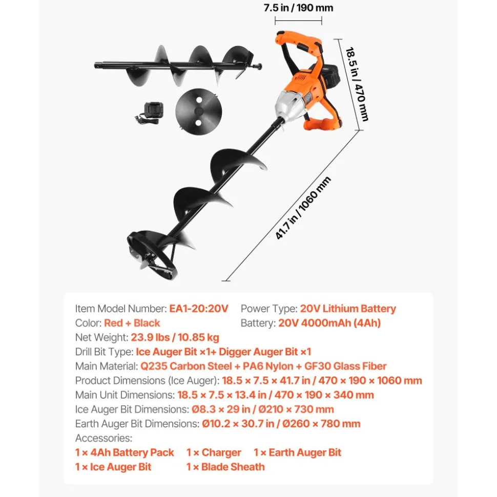 VEVOR 20V Electric Ice Auger, 8 inch Diameter, 2 in 1 Cordless Ice Fishing Augers and Earth Auger with Ices & Earth Drill Bit, Cold-Resistant Post Hole Digger, Turbo High-Speed Cutting System