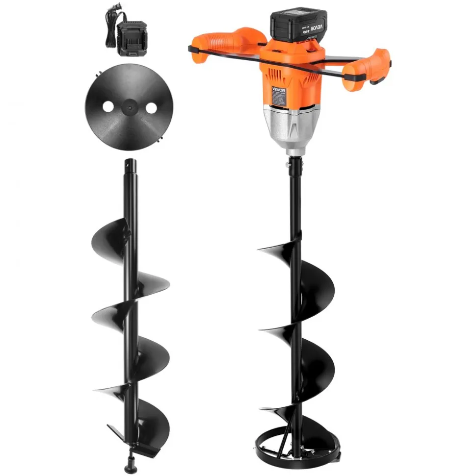 VEVOR 20V Electric Ice Auger, 8 inch Diameter, 2 in 1 Cordless Ice Fishing Augers and Earth Auger with Ices & Earth Drill Bit, Cold-Resistant Post Hole Digger, Turbo High-Speed Cutting System