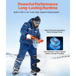 VEVOR 20V Electric Ice Auger, 8 inch Diameter, 2 in 1 Cordless Ice Fishing Augers and Earth Auger with Ices & Earth Drill Bit, Cold-Resistant Post Hole Digger, Turbo High-Speed Cutting System