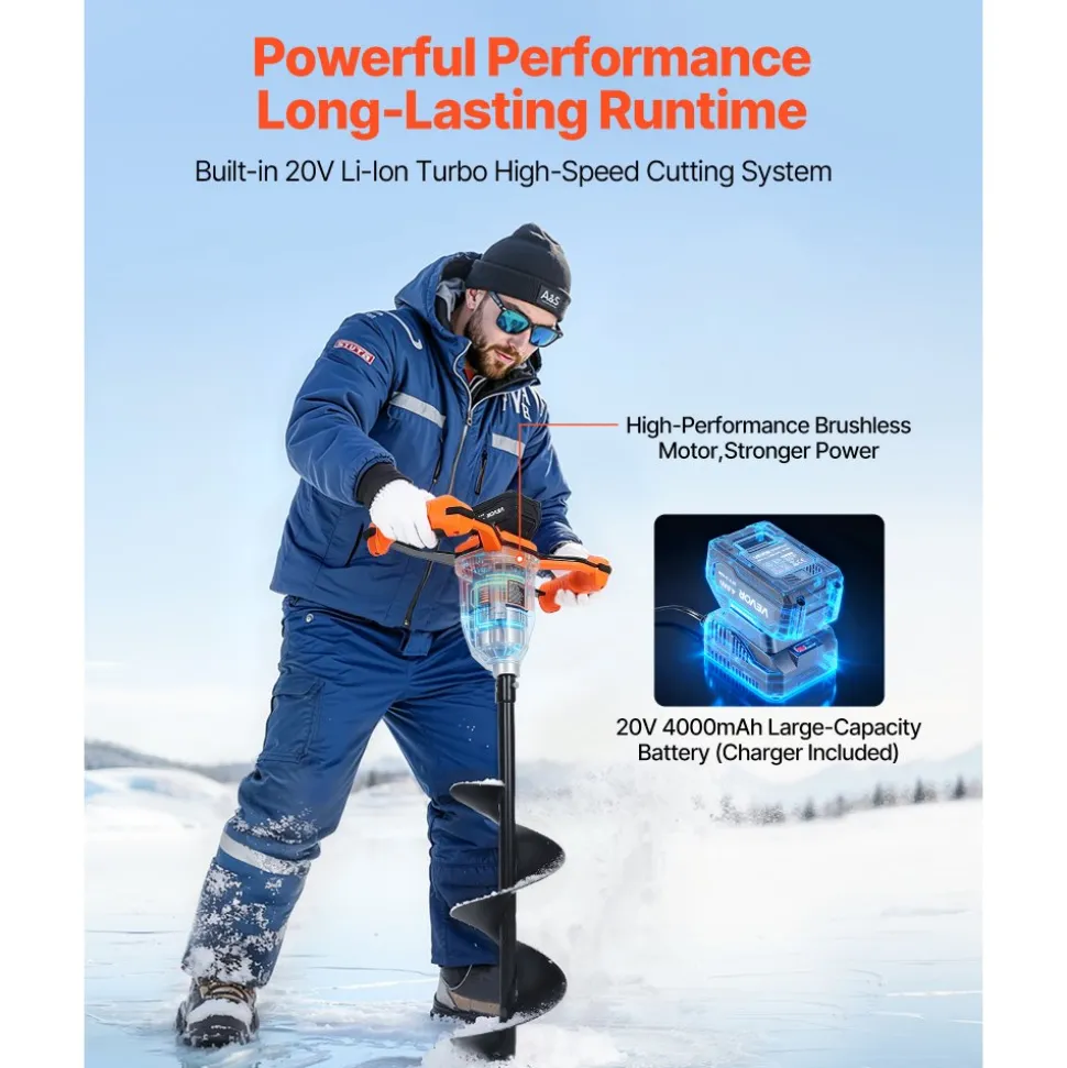 VEVOR 20V Electric Ice Auger, 8 inch Diameter, 2 in 1 Cordless Ice Fishing Augers and Earth Auger with Ices & Earth Drill Bit, Cold-Resistant Post Hole Digger, Turbo High-Speed Cutting System