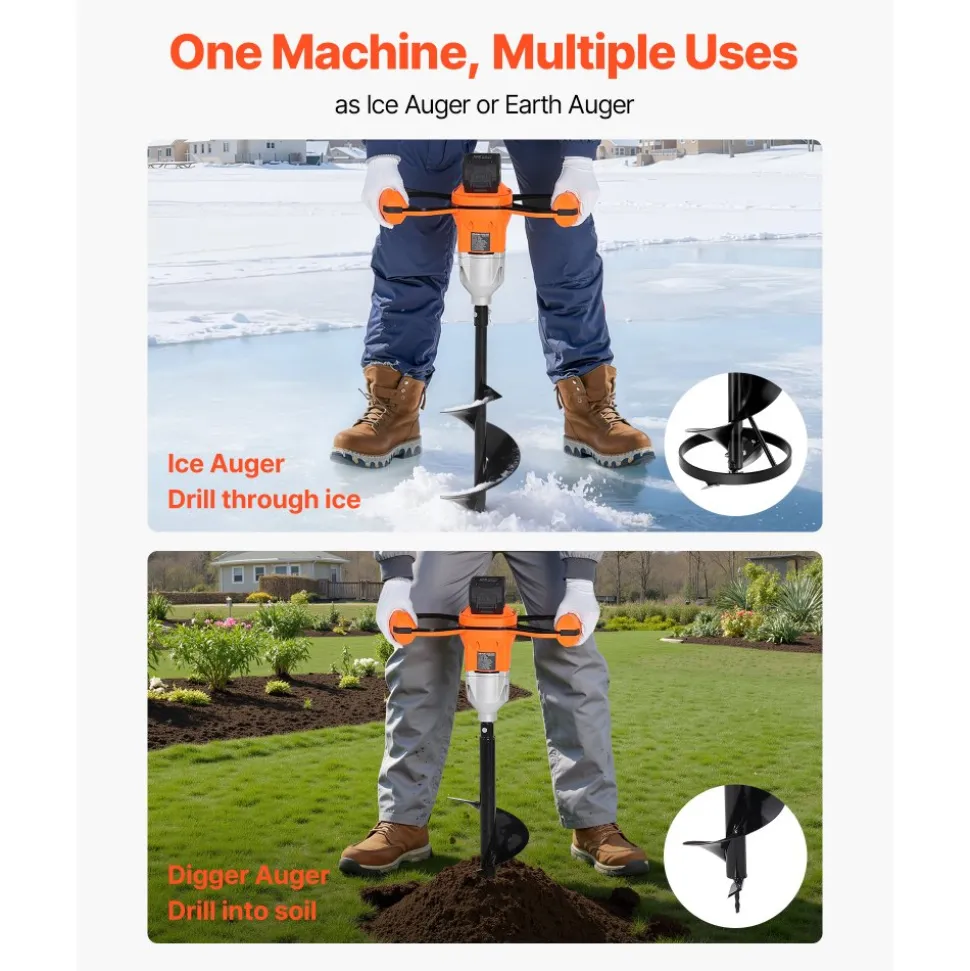 VEVOR 20V Electric Ice Auger, 8 inch Diameter, 2 in 1 Cordless Ice Fishing Augers and Earth Auger with Ices & Earth Drill Bit, Cold-Resistant Post Hole Digger, Turbo High-Speed Cutting System