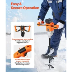 VEVOR 20V Electric Ice Auger, 8 inch Diameter, 2 in 1 Cordless Ice Fishing Augers and Earth Auger with Ices & Earth Drill Bit, Cold-Resistant Post Hole Digger, Turbo High-Speed Cutting System
