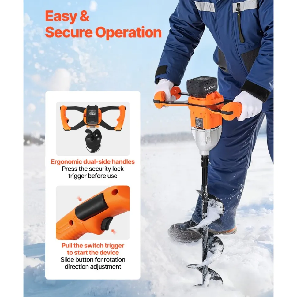 VEVOR 20V Electric Ice Auger, 8 inch Diameter, 2 in 1 Cordless Ice Fishing Augers and Earth Auger with Ices & Earth Drill Bit, Cold-Resistant Post Hole Digger, Turbo High-Speed Cutting System