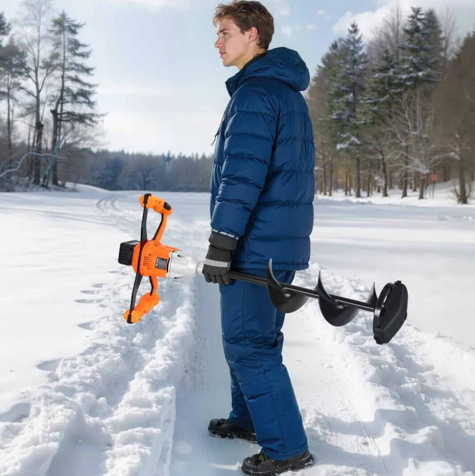 VEVOR 20V Electric Ice Auger, 8 inch Diameter, 2 in 1 Cordless Ice Fishing Augers and Earth Auger with Ices & Earth Drill Bit, Cold-Resistant Post Hole Digger, Turbo High-Speed Cutting System