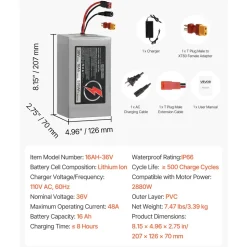 VEVOR 36V Electric Scooter Battery, 16Ah, Ebike Lithium Battery Pack with 30A BMS, Charger, T-Plug Expansion Cable, 500+ Cycles, Compatible with 2880W Motors, for Electric Bikes Bicycles, Scooters