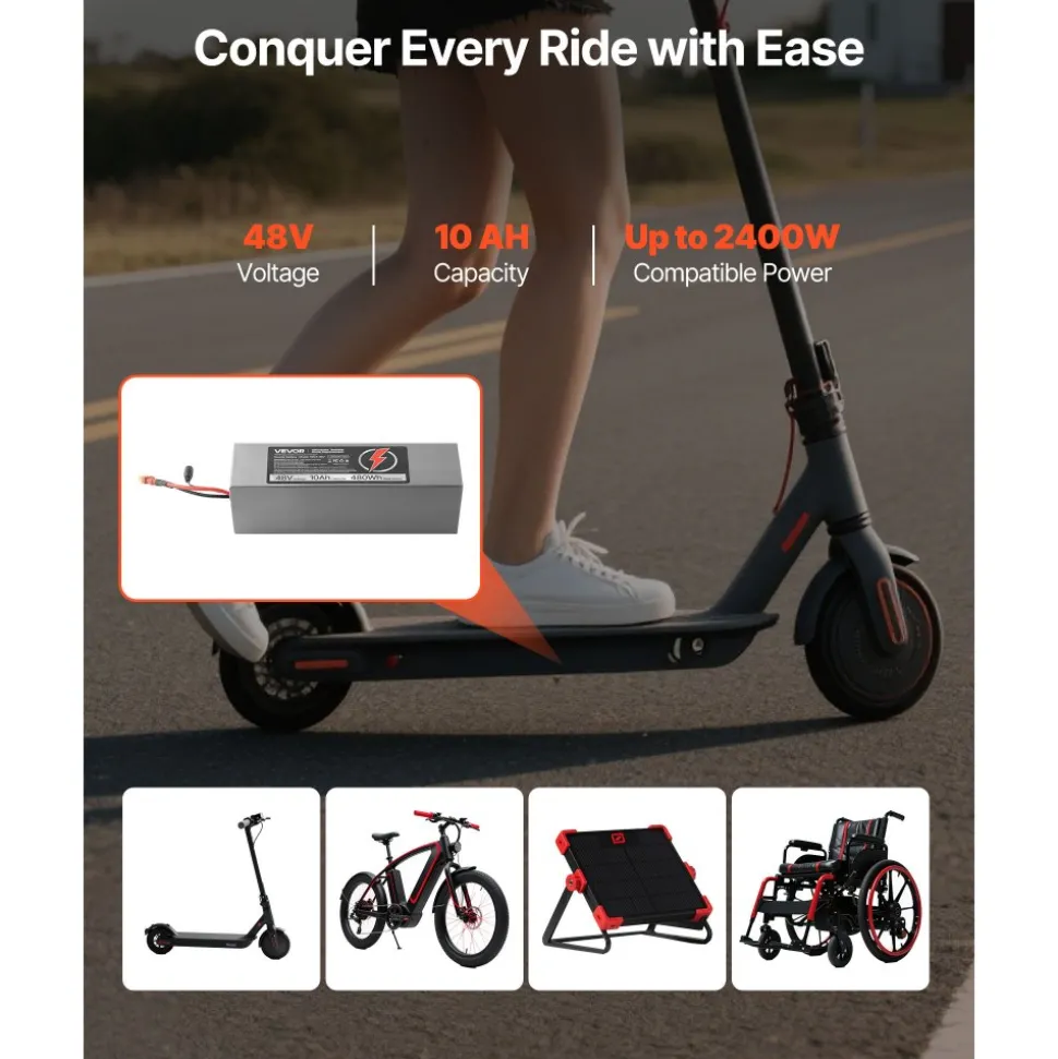 VEVOR 48V Electric Scooter Battery, 10Ah, Ebike Lithium Battery Pack with 30A BMS, Charger, T-Plug Expansion Cable, 500+ Cycles, Compatible with 2400W Motors, for Electric Bikes Bicycles, Scooters