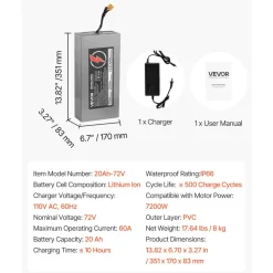 VEVOR 72V Electric Scooter Battery, 20Ah, Ebike Lithium Battery Pack with 50A BMS, Charger, T-Plug Expansion Cable, 500+ Cycles, Compatible with 7200W Motors, for Electric Bikes Bicycles, Scooters