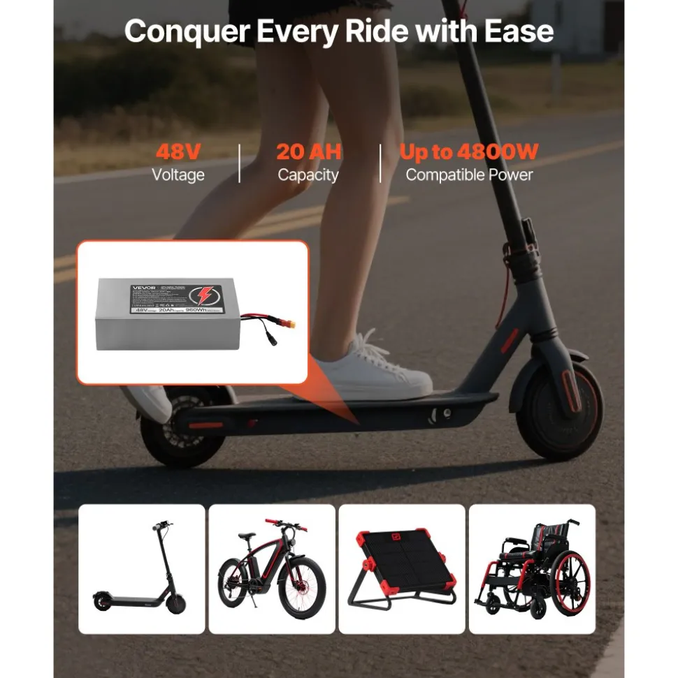 VEVOR 24V Electric Scooter Battery, 8Ah, Ebike Lithium Battery Pack with 30A BMS, Charger, T-Plug Expansion Cable, 500+ Cycles, Compatible with 1920W Motors, for Electric Bikes Bicycles, Scooters