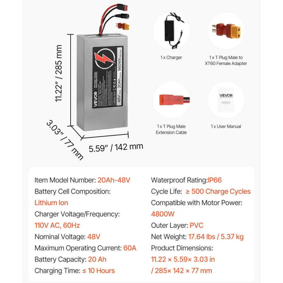 VEVOR 24V Electric Scooter Battery, 8Ah, Ebike Lithium Battery Pack with 30A BMS, Charger, T-Plug Expansion Cable, 500+ Cycles, Compatible with 1920W Motors, for Electric Bikes Bicycles, Scooters