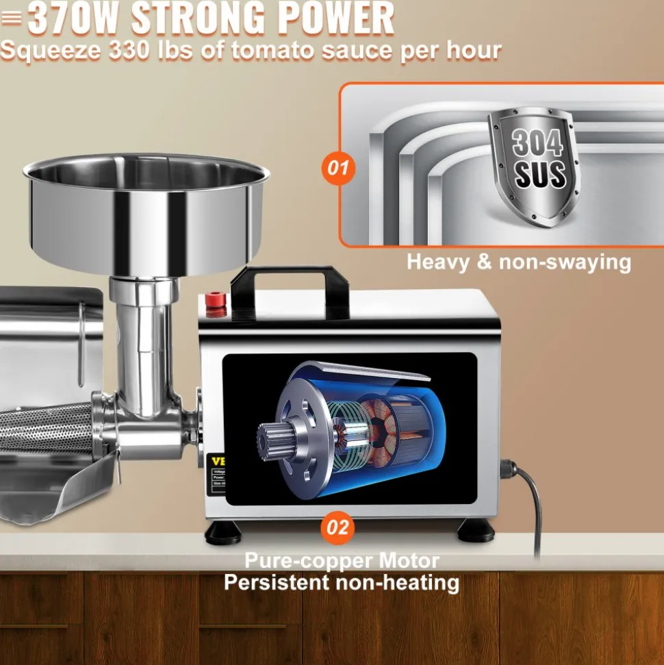 VEVOR 110V Electric Tomato Strainer 370W Commercial Grade Tomato Milling Machine Stainless Steel Tomato Press and Strainer 90-160 Kg/H Pure Copper Motor Food Strainer and Sauce Maker