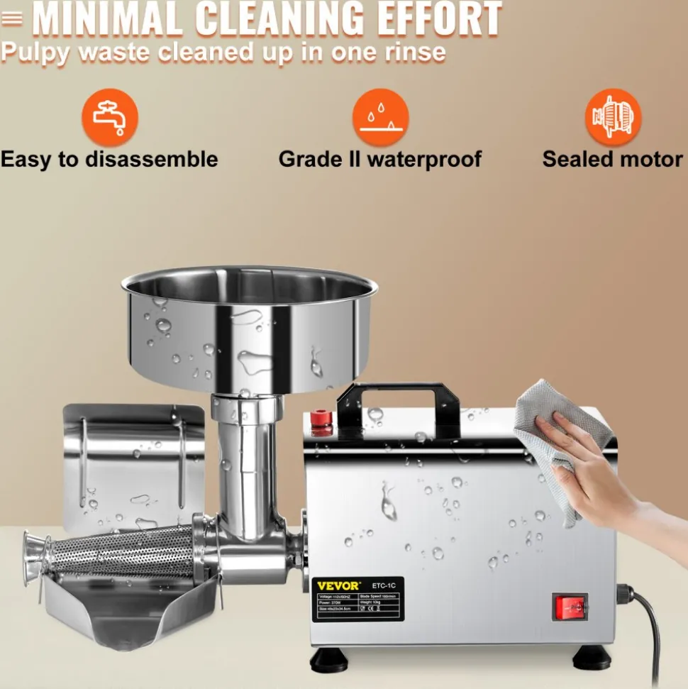 VEVOR 110V Electric Tomato Strainer 370W Commercial Grade Tomato Milling Machine Stainless Steel Tomato Press and Strainer 90-160 Kg/H Pure Copper Motor Food Strainer and Sauce Maker