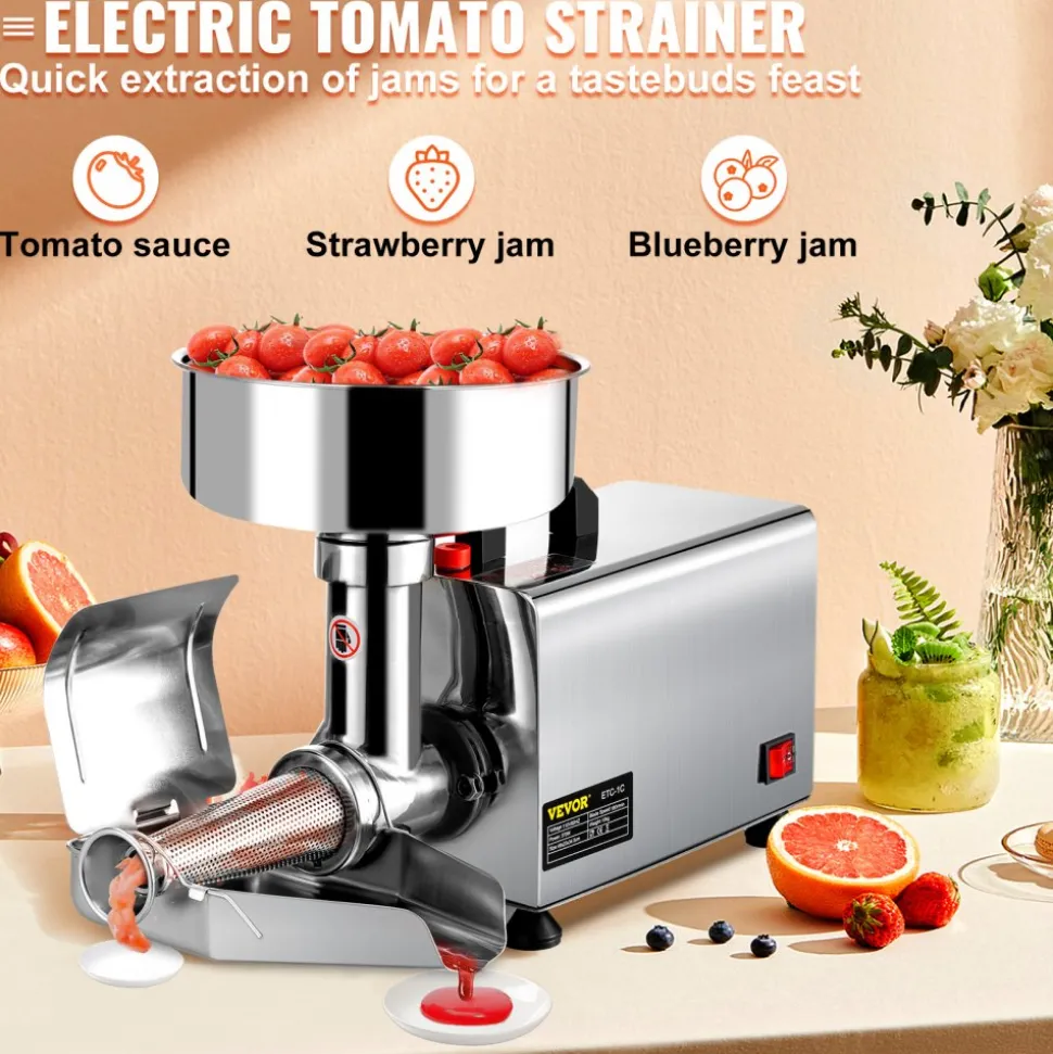 VEVOR 110V Electric Tomato Strainer 370W Commercial Grade Tomato Milling Machine Stainless Steel Tomato Press and Strainer 90-160 Kg/H Pure Copper Motor Food Strainer and Sauce Maker